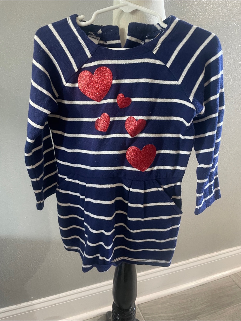 Old Navy Navy & White Stripe Long Sleeve Dress Top with Red Glitter Hearts